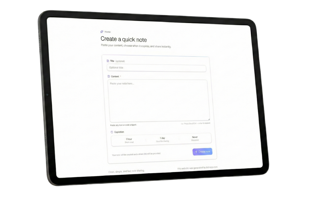 iPad showing pastebin-clone.bldrapp.cloud website